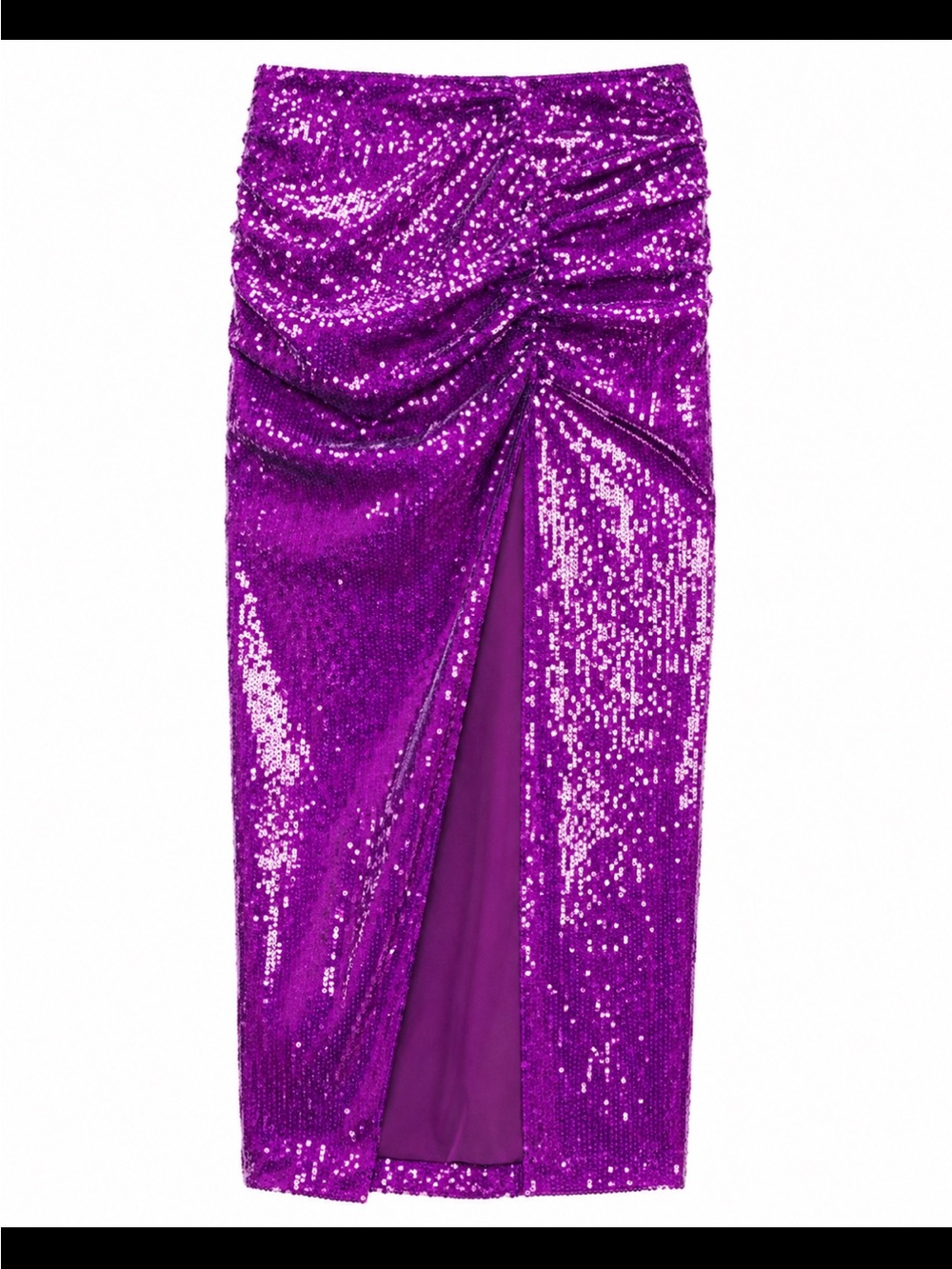 NWT ZARA Purple Sequin Ruched Slit Midi Skirt Size Large